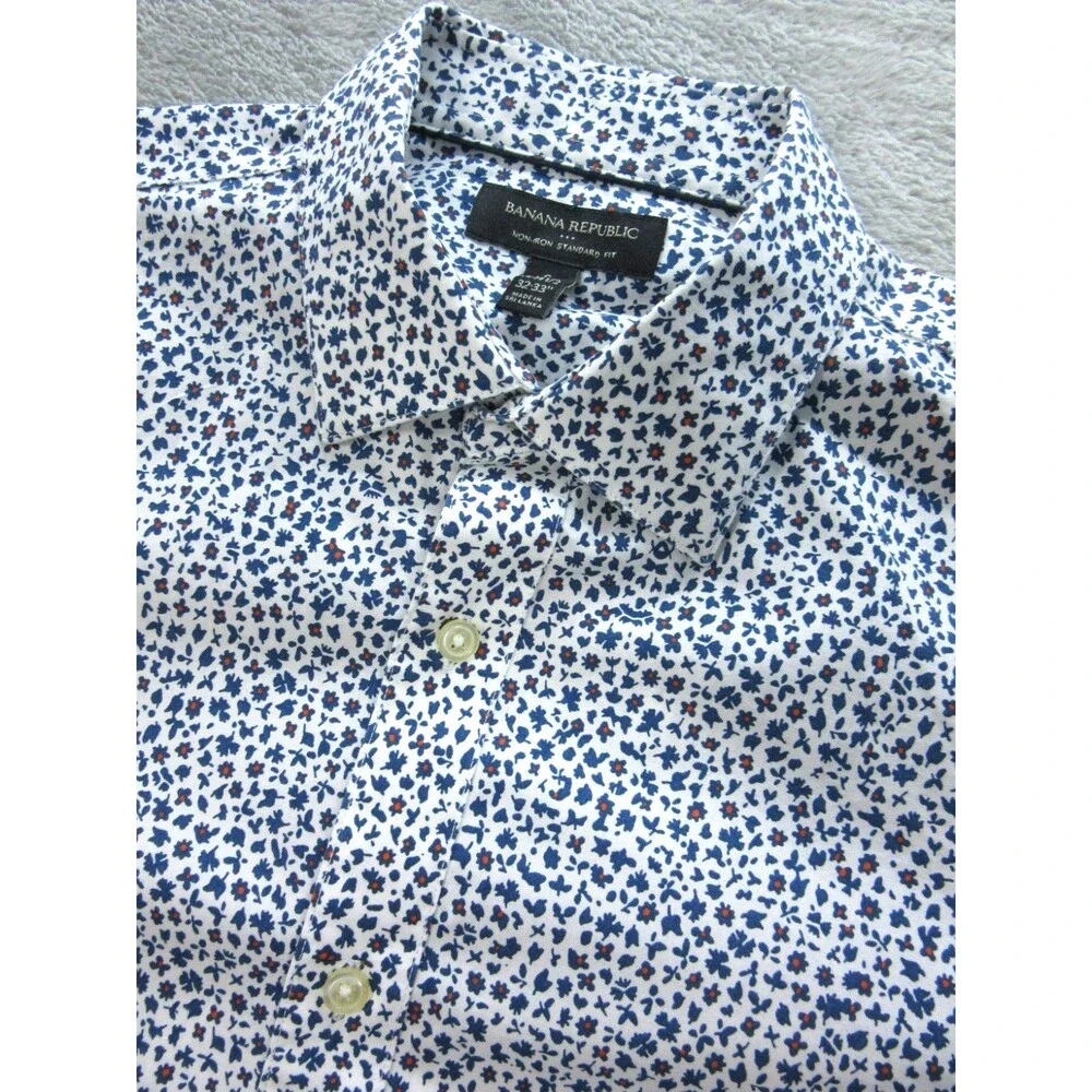 Banana Republic Shirt Men's Small 14-14.5 Floral Print Blue Preppy Non-Iron